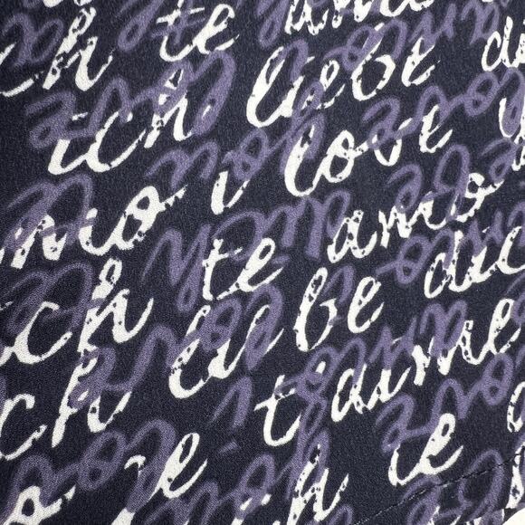 CAbi Te Amo Navy Blue Love Letter Languages Script Balloon Sleeve Blouse Size S - Picture 9 of 14